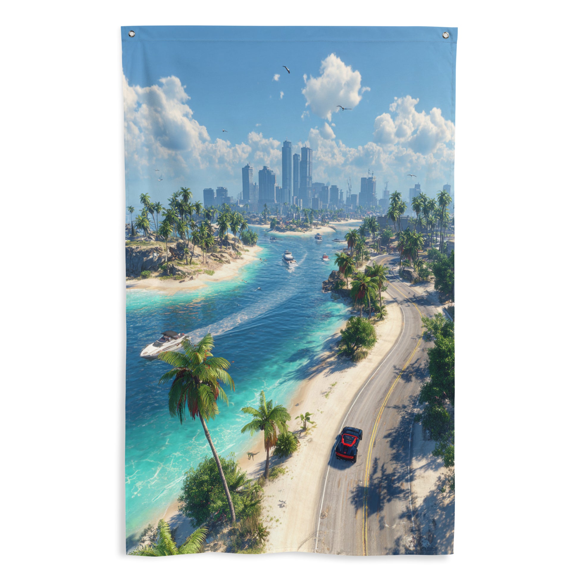 Drapeau mural GTA représentant une vue aérienne d'une ville côtière avec une lagune bleue, des palmiers et des bâtiments modernes sous un ciel ensoleillé.