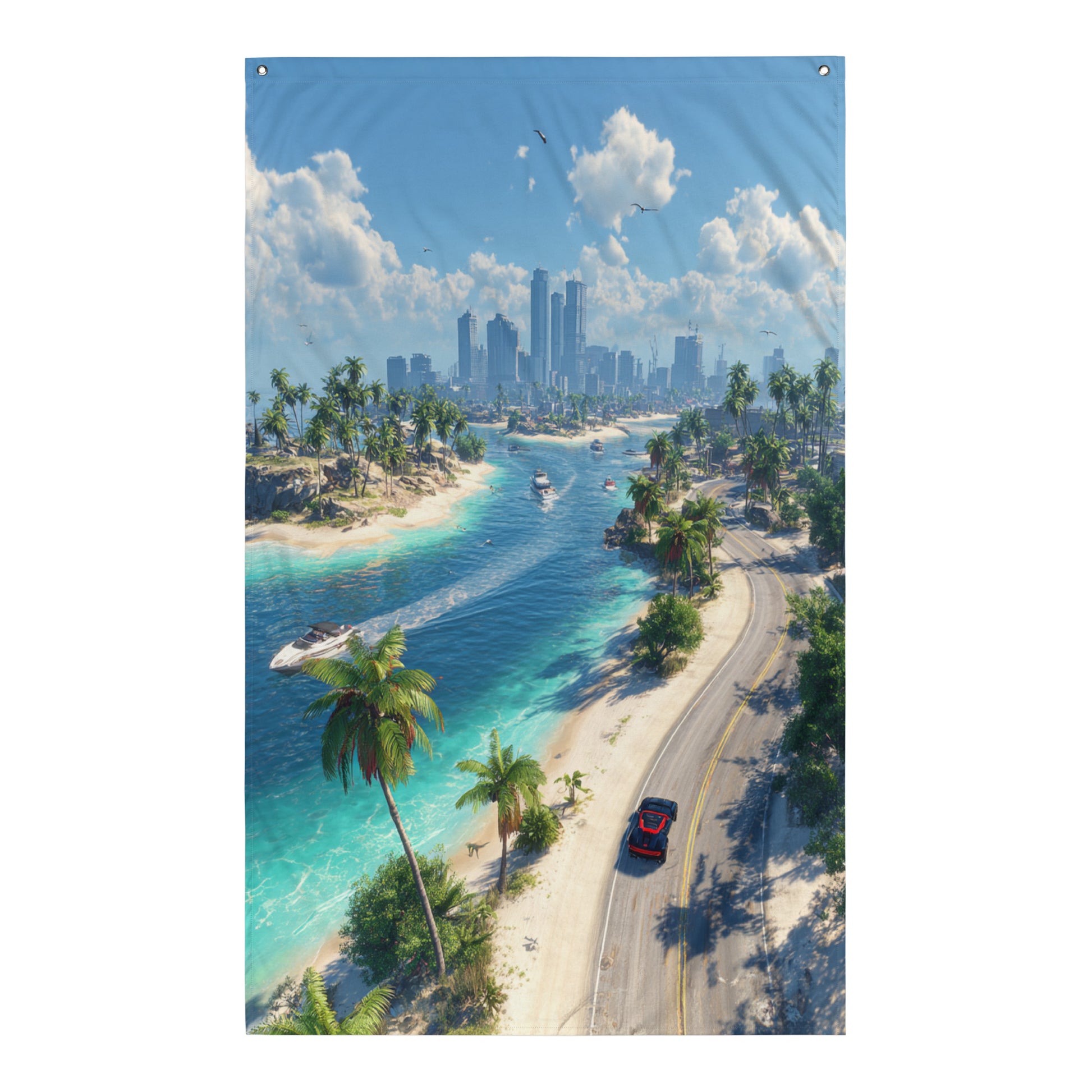Visuel de drapeau gaming style GTA d'un paysage urbain tropical avec une lagune, des palmiers et des routes sinueuses, évoquant une ambiance de luxe et de liberté.