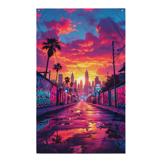 Visuel de drapeau gaming style GTA d'une scène de rue nocturne avec des murs couverts de graffitis et des lumières néon, créant une ambiance artistique et mystérieuse.