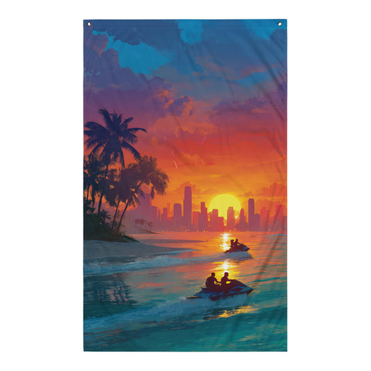 Visuel de drapeau gaming style GTA d'une scène de plage au crépuscule avec des jets skis en action et un ciel coloré.