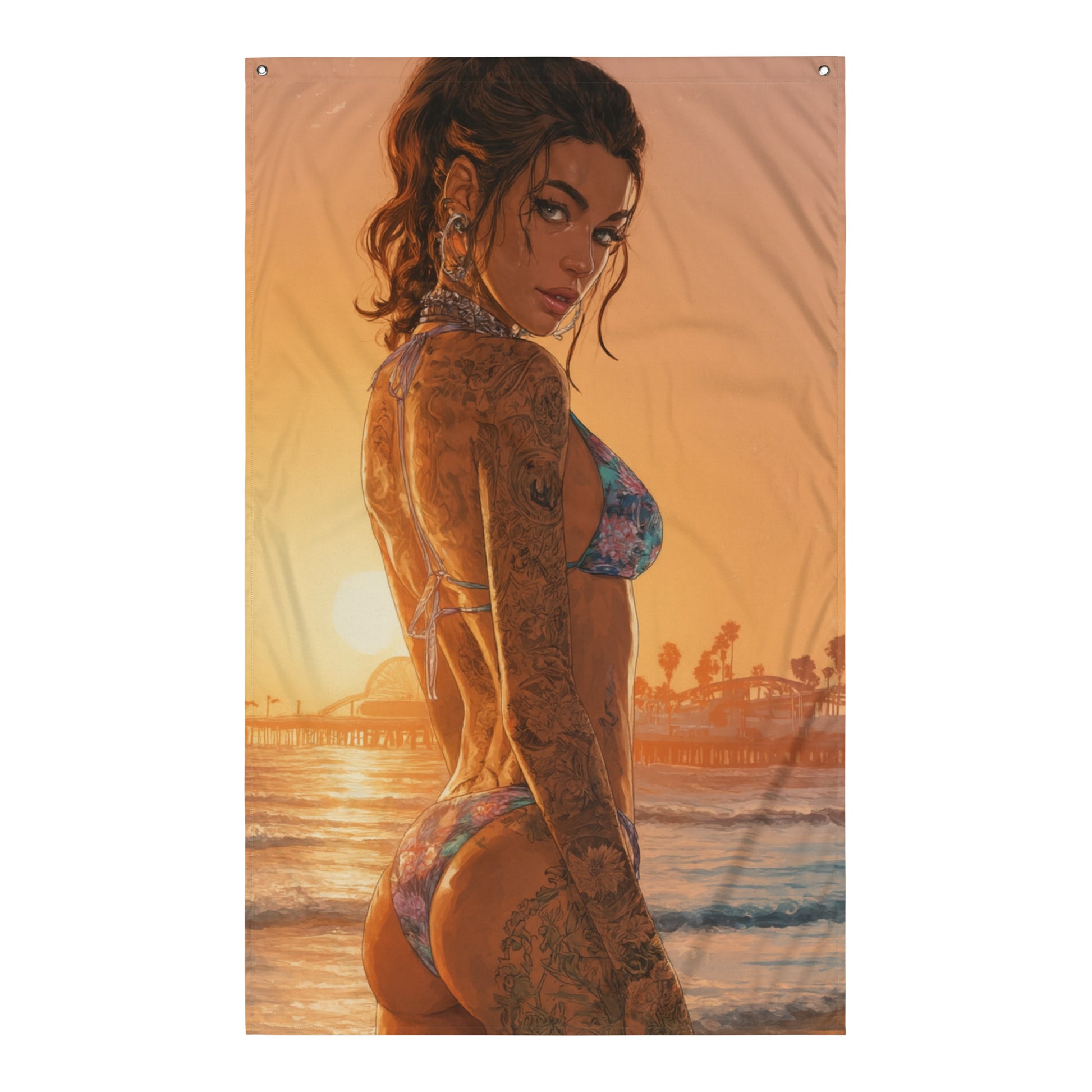 Visuel de drapeau gaming style GTA d'une femme aux tatouages visibles, sur une plage au crépuscule, évoquant une ambiance de liberté et de sérénité.
