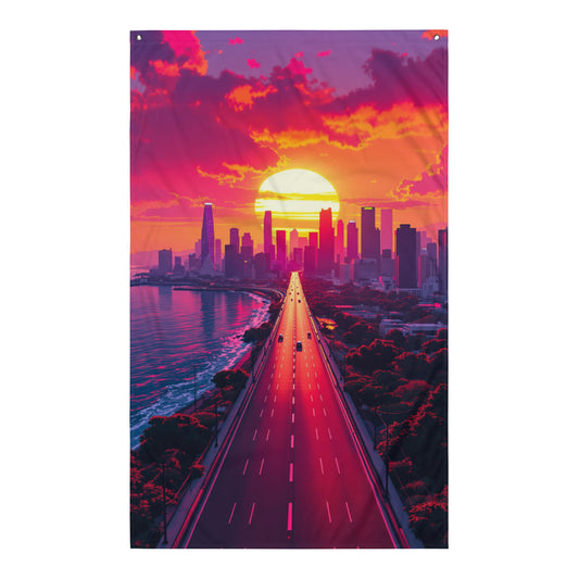Visuel de drapeau gaming style GTA d'un paysage urbain futuriste avec une autoroute lumineuse et un ciel aux couleurs vives, évoquant une ambiance de voyage et d'exploration.