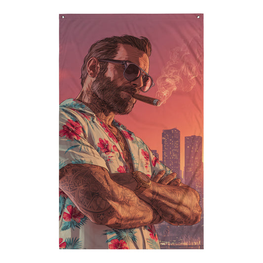 Visuel de drapeau gaming style GTA d'un personnage masculin charismatique, en gros plan, fumant un cigare, évoquant une ambiance de pouvoir et de mystère.