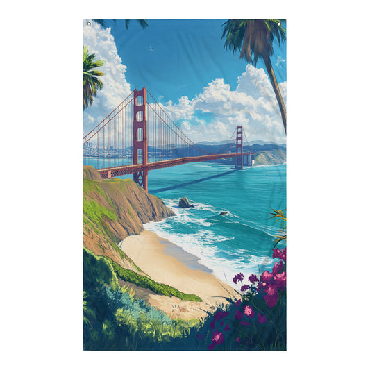 Visuel de drapeau gaming style GTA du Golden Gate Bridge, avec des falaises verdoyantes et une plage en contrebas, sous un ciel dégagé, évoquant une ambiance de liberté et d'exploration.