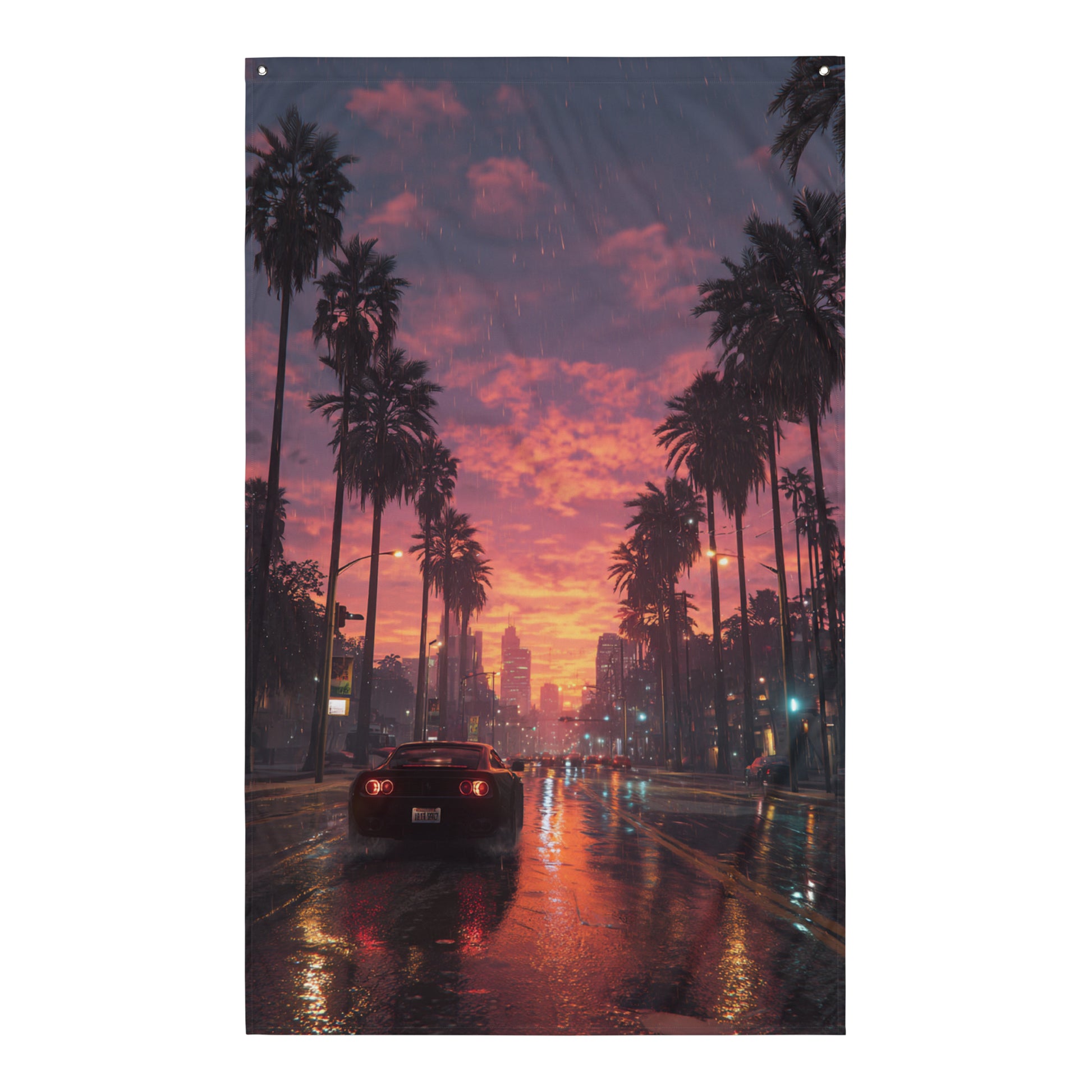 Visuel de drapeau gaming style GTA d'une scène urbaine pluvieuse la nuit, avec une voiture et des palmiers sous un ciel sombre et coloré.