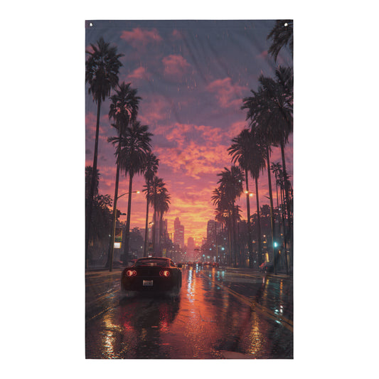 Visuel de drapeau gaming style GTA d'une scène urbaine pluvieuse la nuit, avec une voiture et des palmiers sous un ciel sombre et coloré.