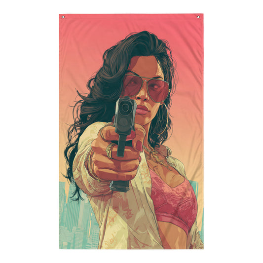 Visuel de drapeau gaming style GTA d'une femme charismatique, arme à la main, évoquant une ambiance de danger et de pouvoir féminin.