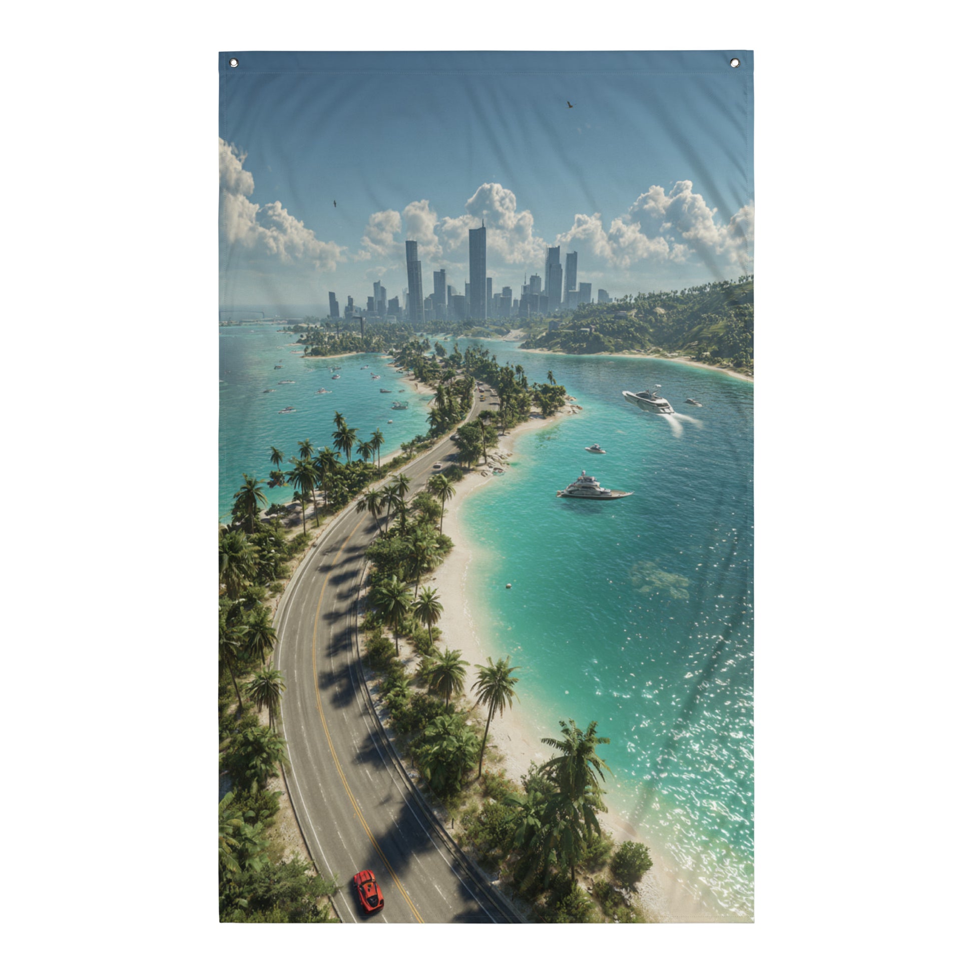 Visuel de drapeau gaming style GTA d'une mégapole moderne en bord de mer, avec des bâtiments imposants et une côte luxuriante, évoquant une ambiance de luxe et de sérénité.