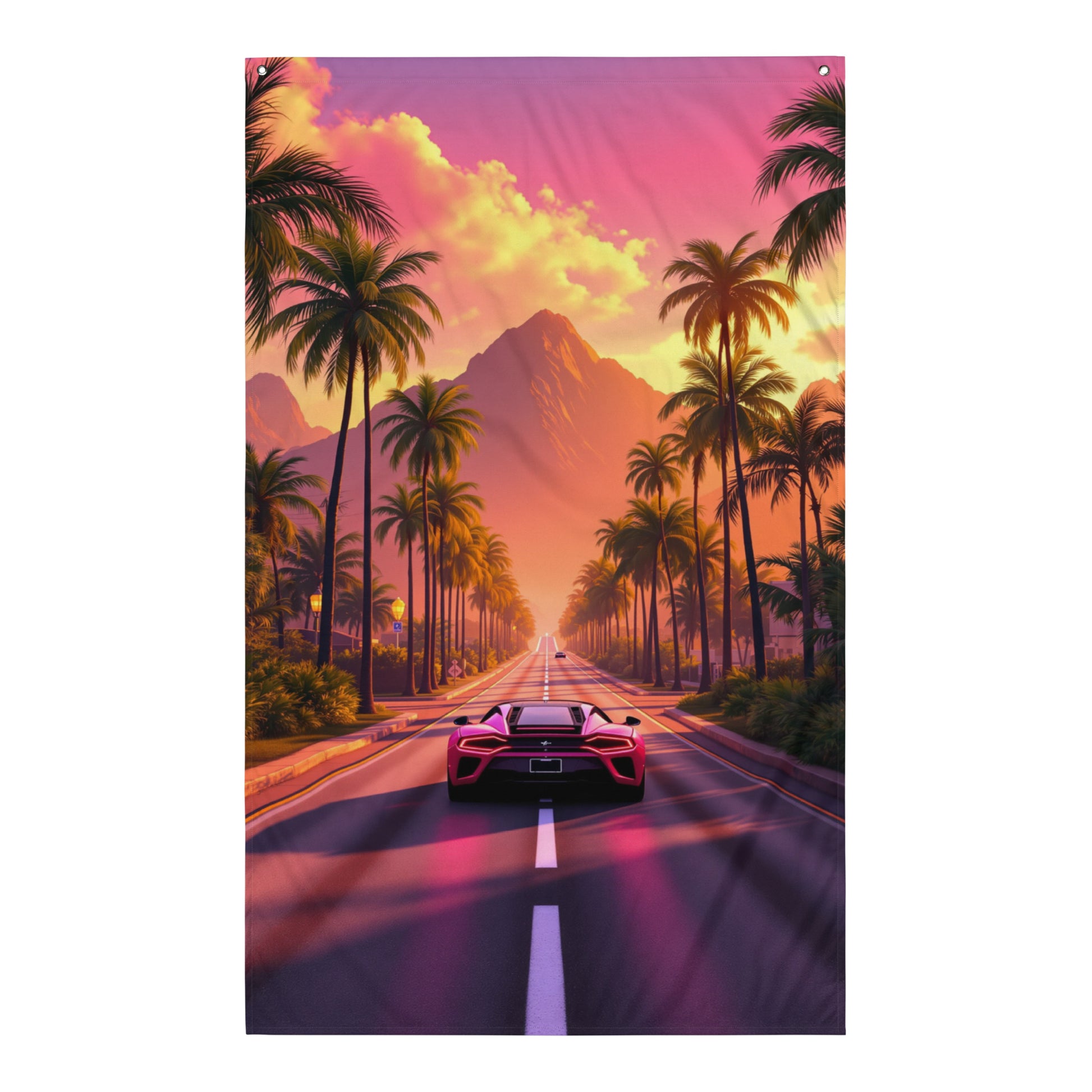 Visuel de drapeau gaming style GTA d'un paysage tropical avec une route sinueuse, des palmiers et une voiture, sous un ciel de crépuscule aux teintes chaudes.