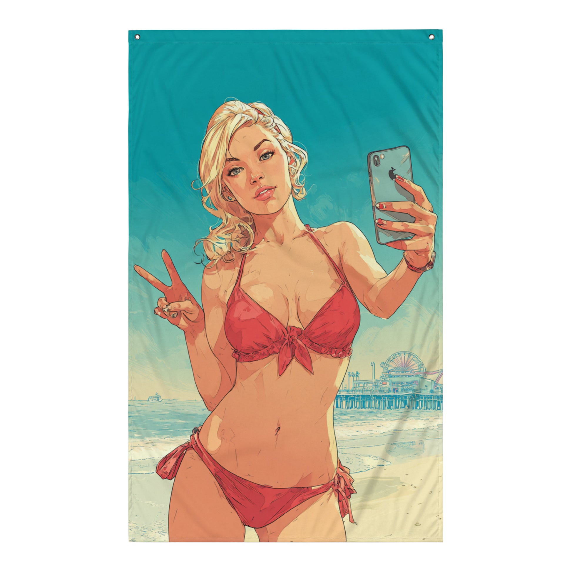 Drapeau GTA – Femme en bikini rouge, ambiance plage.