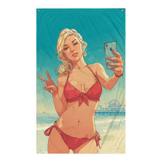 Drapeau GTA – Femme en bikini rouge, ambiance plage.