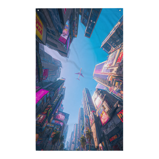 Visuel de drapeau gaming style GTA d'une perspective aérienne d'une mégapole futuriste inspirée de Vice City, avec des bâtiments vertigineux et un véhicule volant, évoquant une ambiance de science-fiction et d'exploration urbaine.