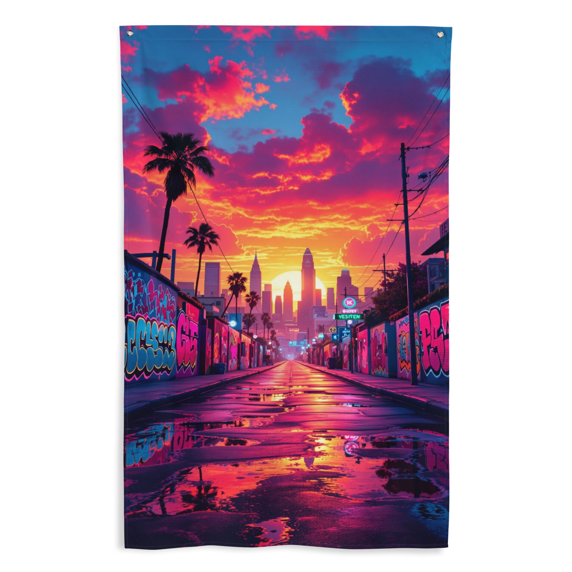 Drapeau mural GTA montrant une rue urbaine sombre avec des graffitis colorés et des reflets de néons sur le sol mouillé, évoquant Los Santos la nuit.