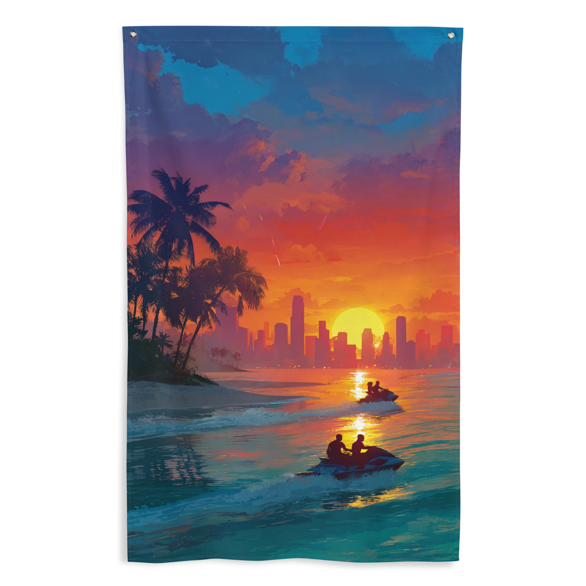 Drapeau mural GTA montrant des jets skis sur une plage tropicale avec des palmiers, au coucher du soleil.