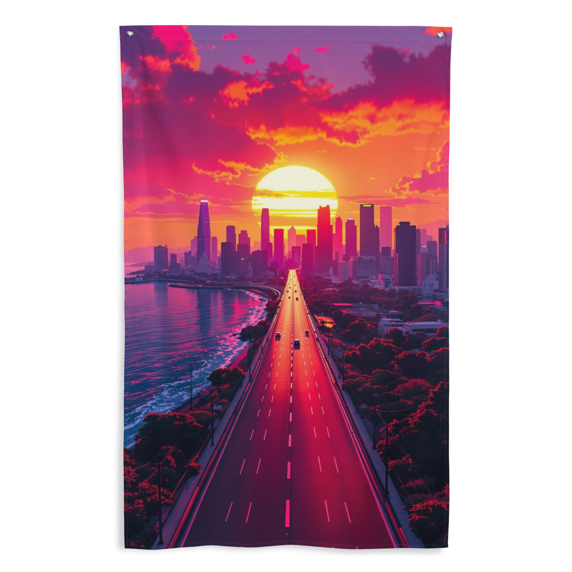 Drapeau mural GTA montrant une longue route centrale menant vers une ville illuminée de lumières néon, avec un coucher ou lever de soleil en arrière-plan.