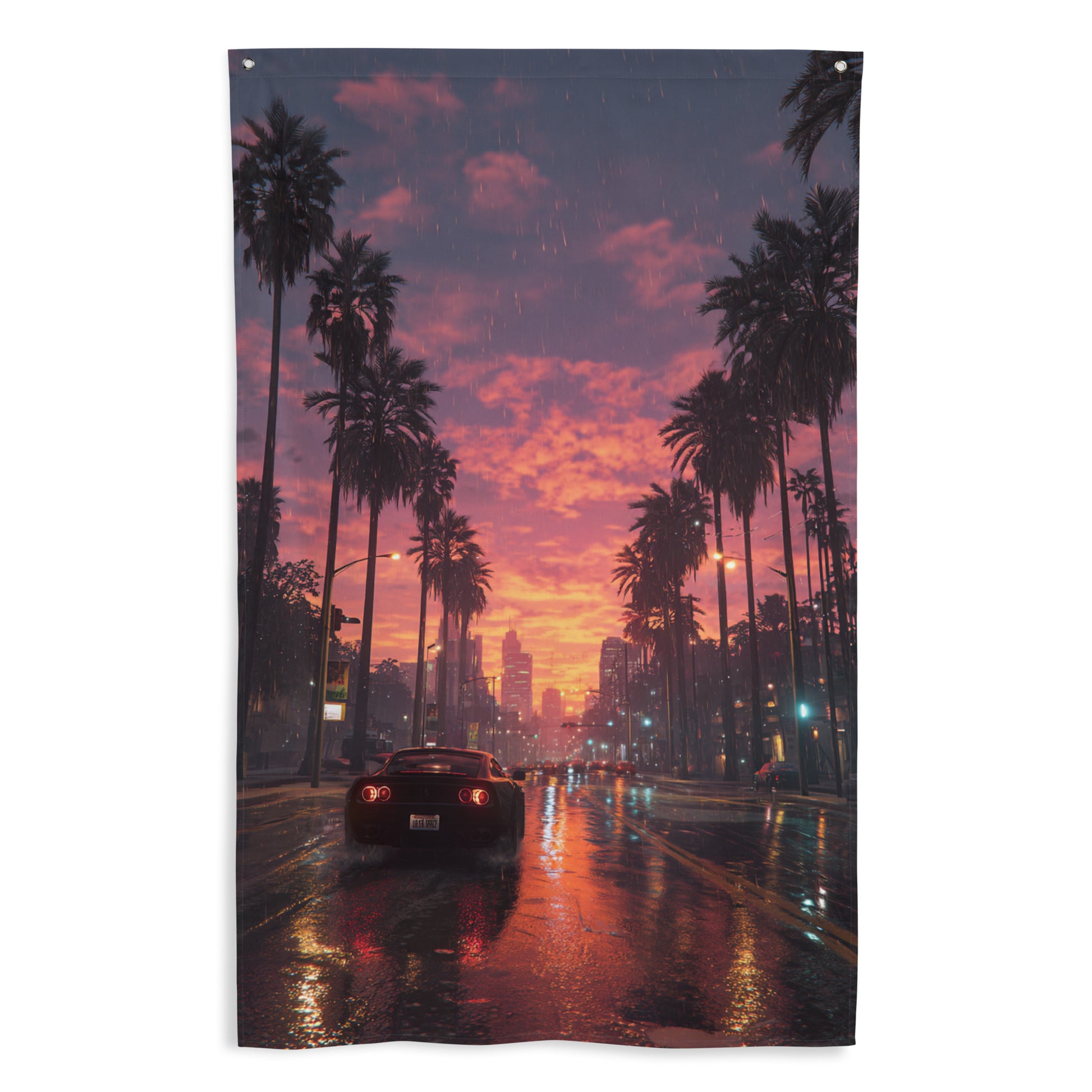 Drapeau mural GTA représentant une voiture noire roulant sur une route mouillée, avec les reflets des lumières néon d'une ville nocturne.