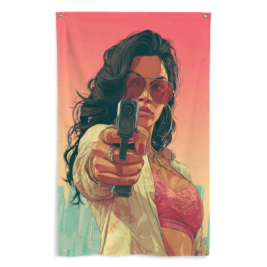 Drapeau mural GTA représentant une femme brune avec des lunettes de soleil, pointant une arme vers l'avant, dans une pose déterminée.