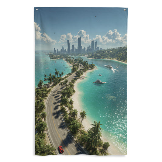 Drapeau mural GTA montrant une vue aérienne d'une ville côtière avec des gratte-ciel, des plages et des eaux turquoise.