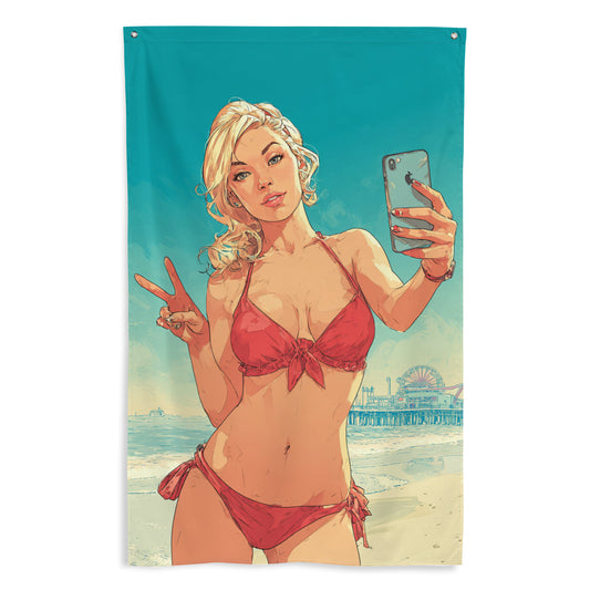 Drapeau mural GTA avec femme en bikini rouge prenant un selfie sur la plage.