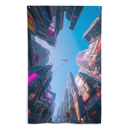 Drapeau mural GTA montrant un aéronef survolant une ville futuriste avec des gratte-ciel imposants, évoquant Vice City.
