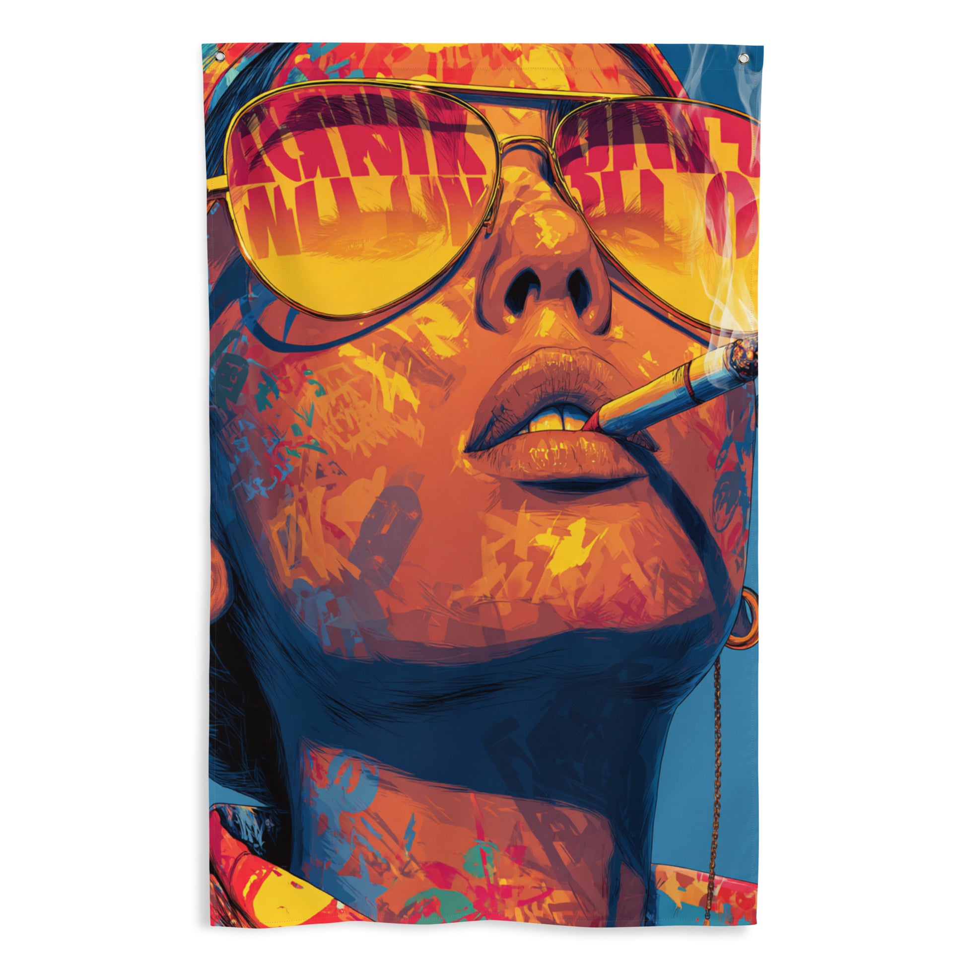 Drapeau mural Pop Art représentant un personnage stylisé avec des lunettes de soleil, dans des tons orange et violet néon, avec une cigarette à la bouche.