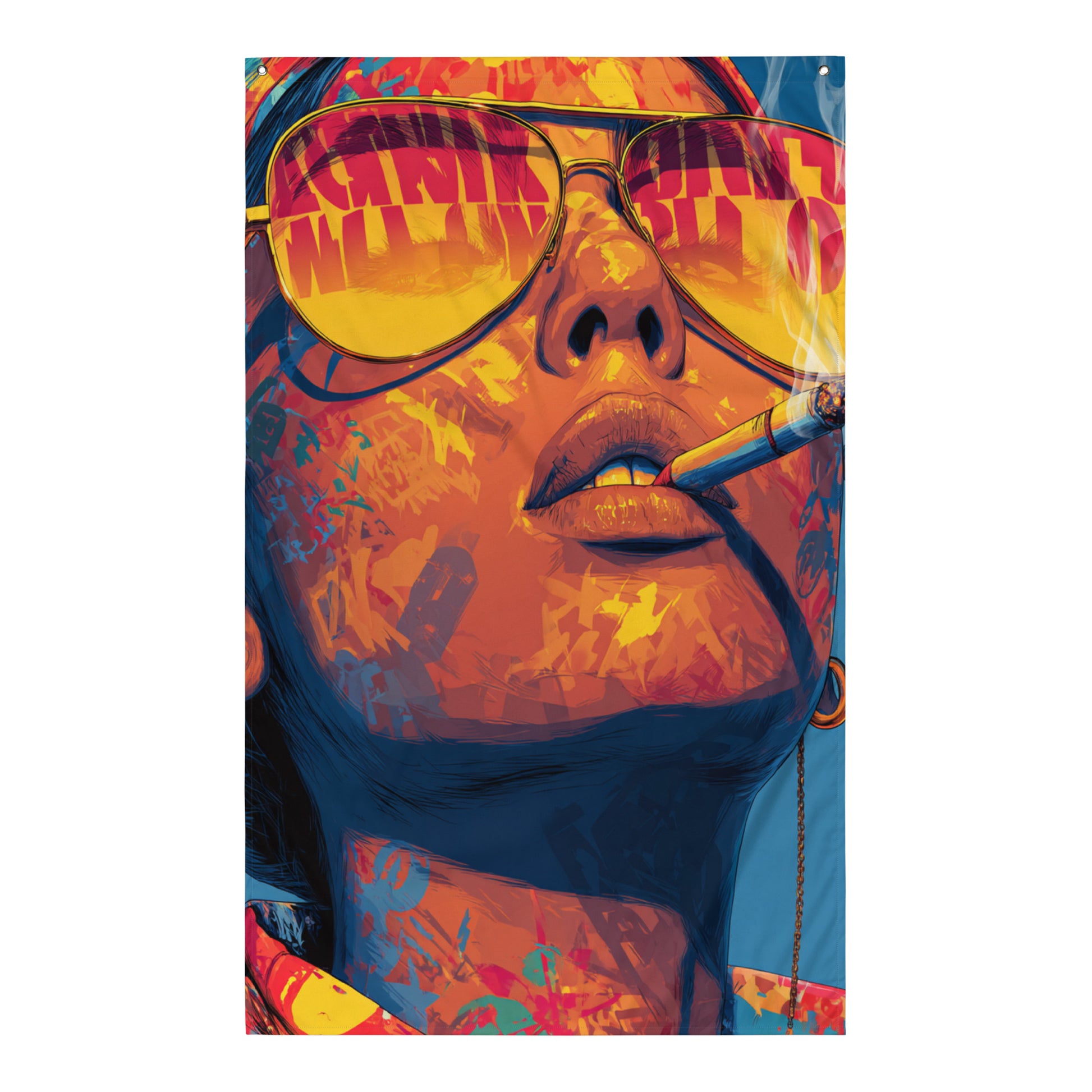 Visuel de drapeau gaming style Pop Art d'un visage masculin aux couleurs vives et aux reflets néon, évoquant une ambiance de jeu vidéo et de culture urbaine.