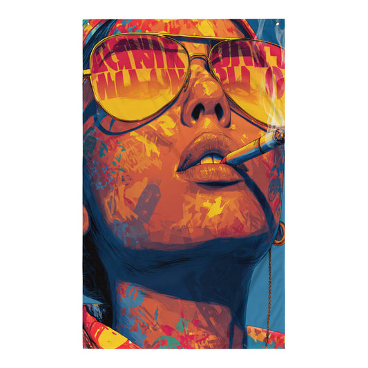 Visuel de drapeau gaming style Pop Art d'un visage masculin aux couleurs vives et aux reflets néon, évoquant une ambiance de jeu vidéo et de culture urbaine.