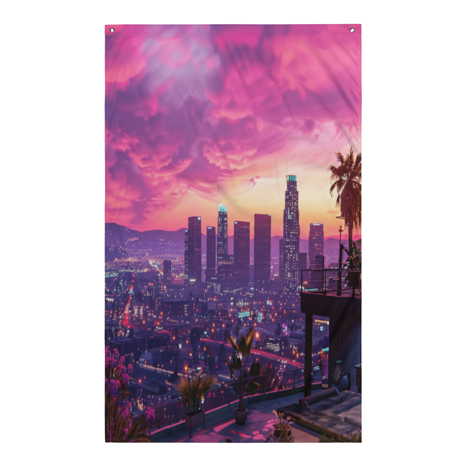 Visuel de drapeau gaming style GTA d'un panorama urbain de Los Santos avec des gratte-ciel et des reflets roses intenses dans le ciel au crépuscule.