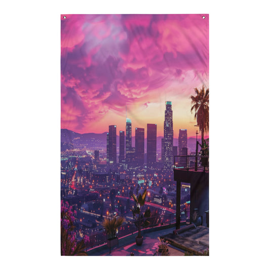 Visuel de drapeau gaming style GTA d'un panorama urbain de Los Santos avec des gratte-ciel et des reflets roses intenses dans le ciel au crépuscule.
