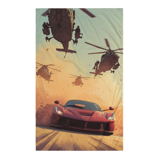 Drapeau mural GTA avec scène de course poursuite dynamique, hélicoptères et voiture de sport rouge en pleine action urbaine.