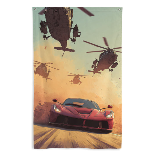 Drapeau mural GTA représentant une course poursuite intense avec une voiture de sport rouge et des hélicoptères dans un paysage urbain.