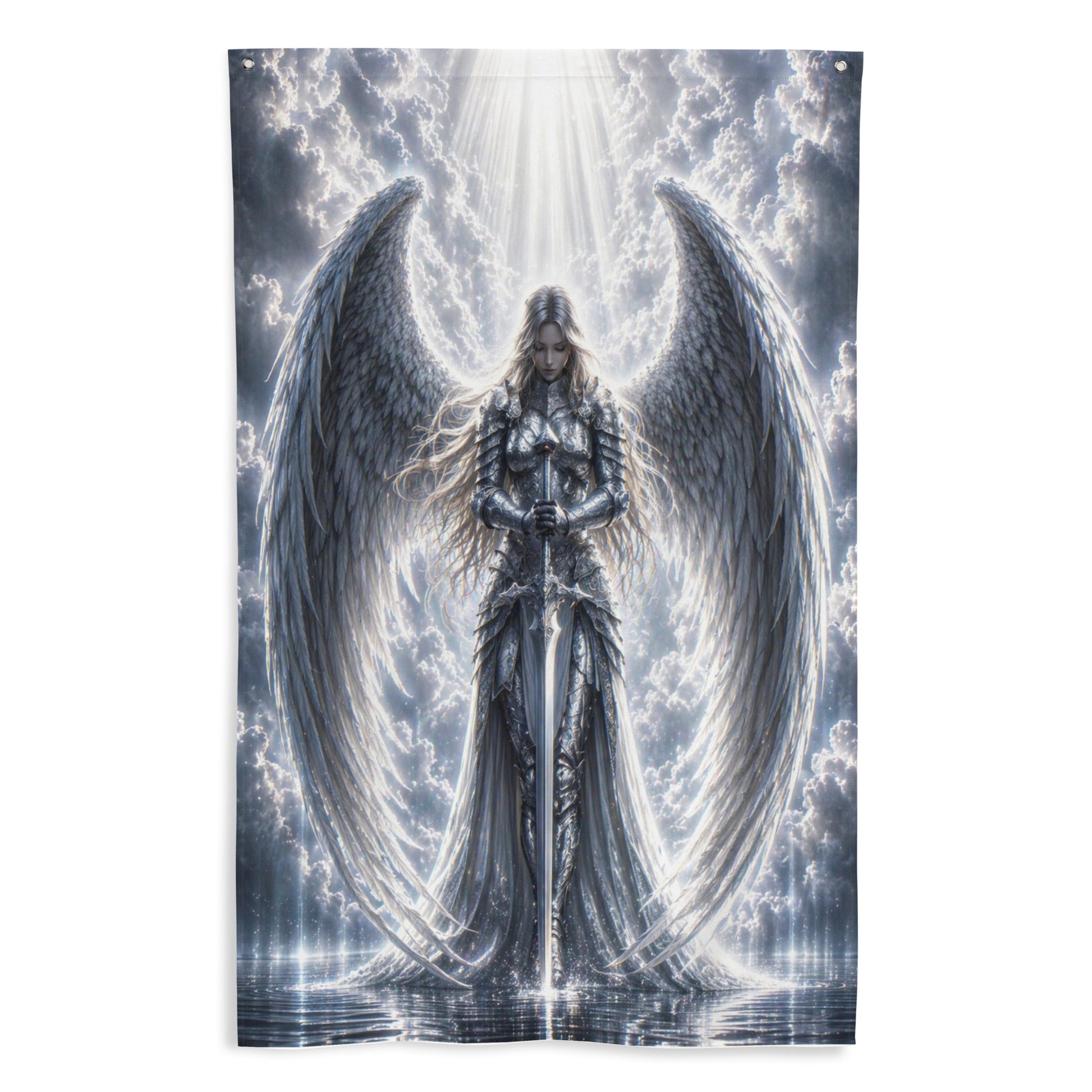 Drapeau Diablo accroché au mur représentant un ange céleste en armure avec de grandes ailes blanches et une épée sacrée dans un ciel lumineux