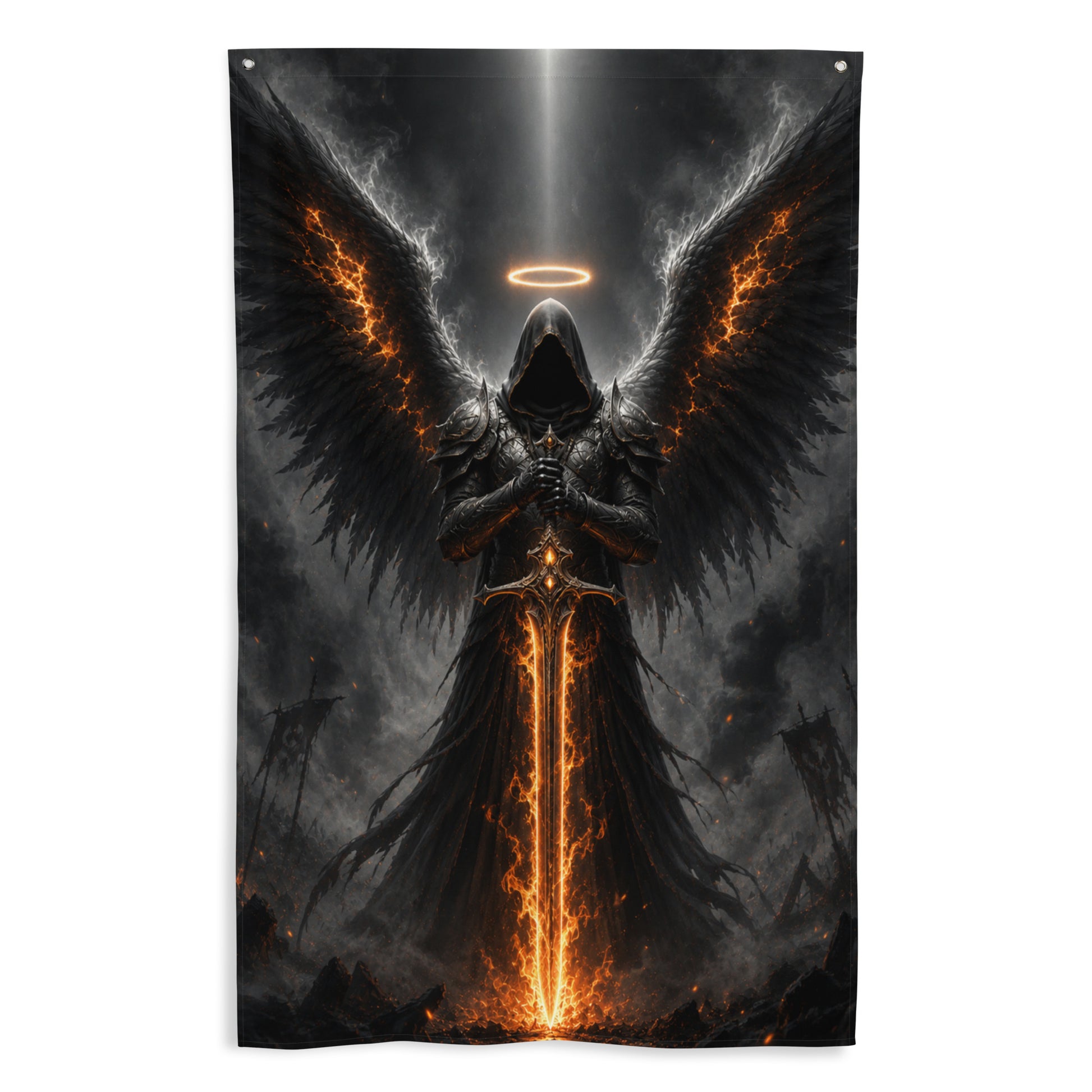 Drapeau mural gaming inspiré de Diablo avec ange noir en armure, grandes ailes sombres, halo lumineux et épée infernale enflammée