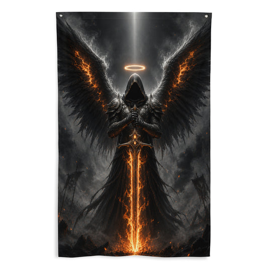 Drapeau mural gaming inspiré de Diablo avec ange noir en armure, grandes ailes sombres, halo lumineux et épée infernale enflammée