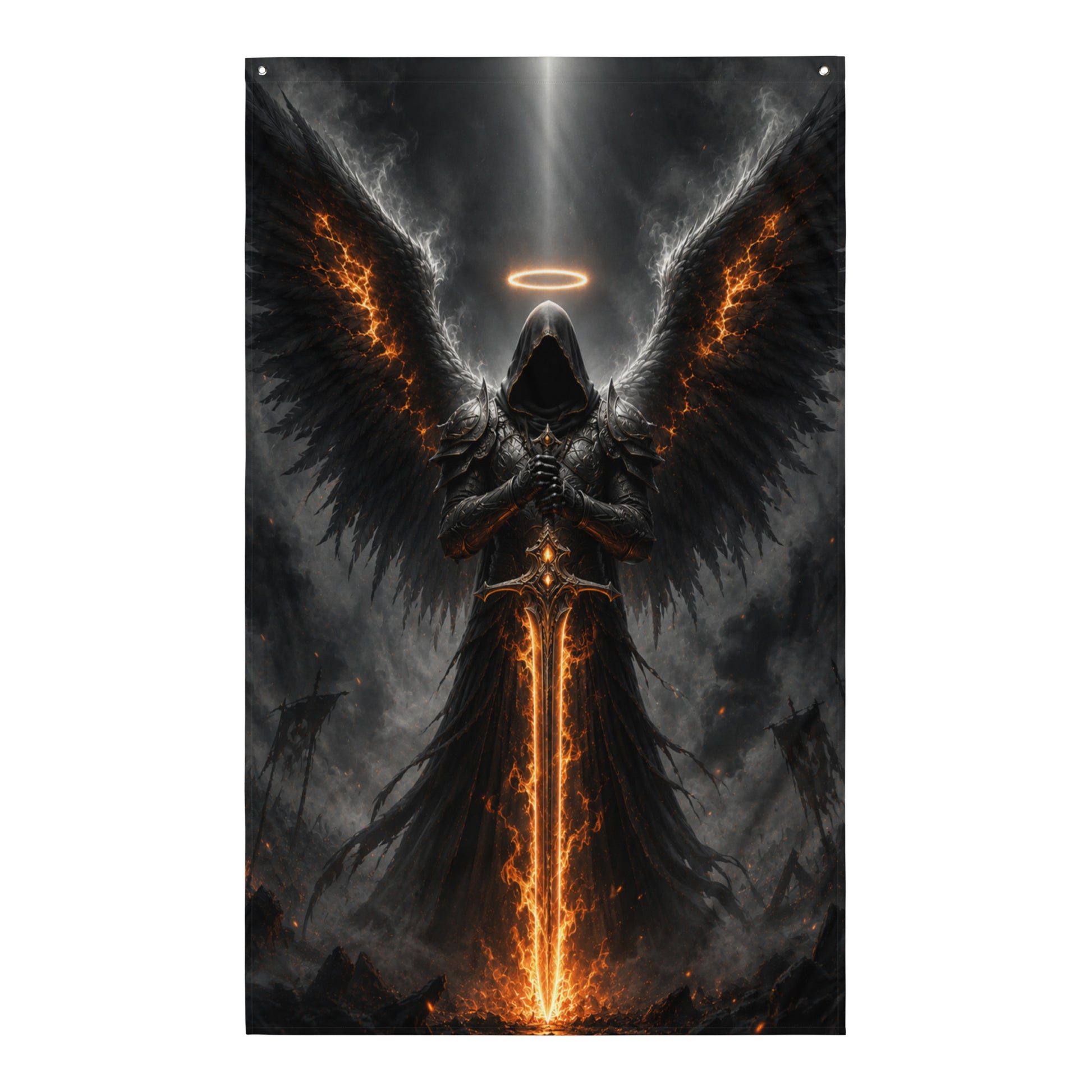 Drapeau Diablo accroché au mur représentant un ange noir ailé avec une épée de feu dans une ambiance dark fantasy apocalyptique