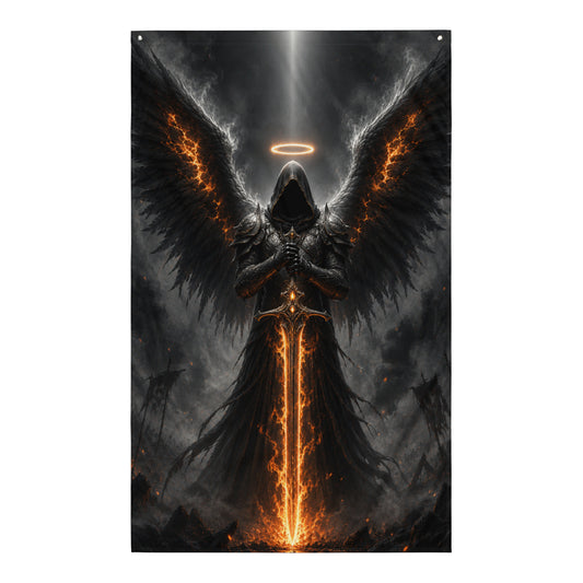 Drapeau Diablo accroché au mur représentant un ange noir ailé avec une épée de feu dans une ambiance dark fantasy apocalyptique