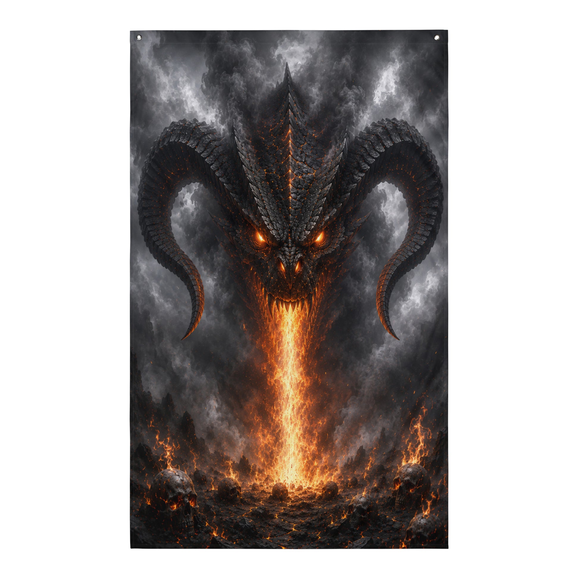 Décoration murale gaming Diablo avec démon cornu, flammes orange, fumée noire, crânes et ambiance dark fantasy apocalyptique