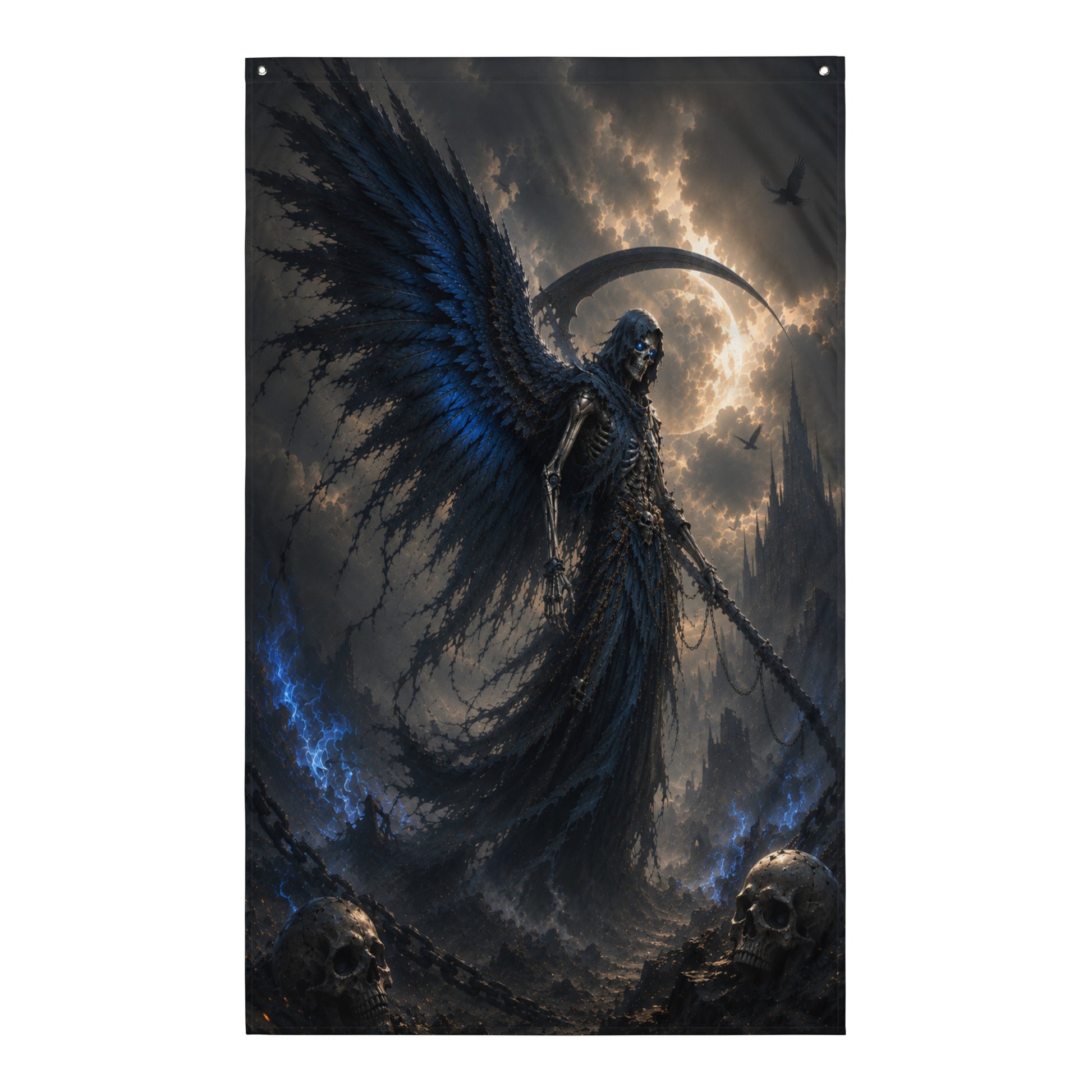 Drapeau Diablo accroché au mur représentant une faucheuse spectrale aux ailes noires bleutées dans un univers sombre et gothique
