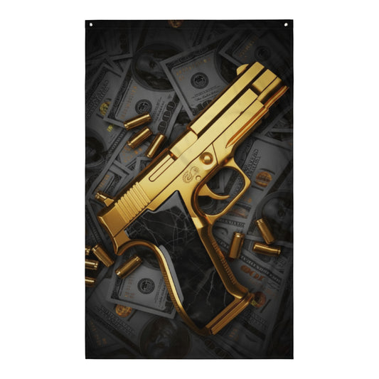 Visuel de drapeau gaming style GTA d'un pistolet en or et de liasses de dollars, symbolisant la richesse et le pouvoir dans un univers sombre.