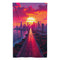 Drapeau mural GTA montrant une longue route centrale menant vers une ville illuminée de lumières néon, avec un coucher ou lever de soleil en arrière-plan.