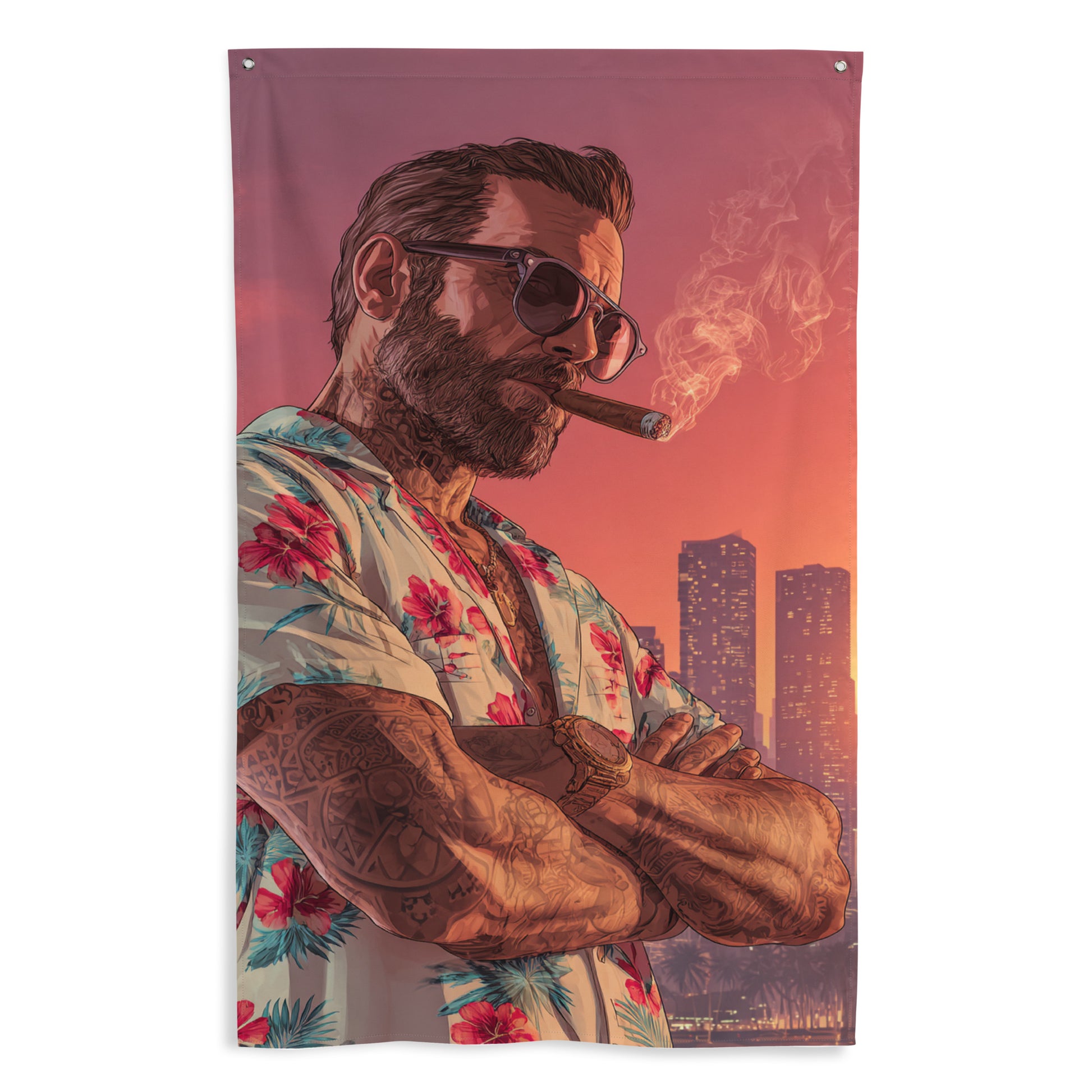 Drapeau mural GTA représentant un homme avec des lunettes de soleil, fumant un cigare, avec un regard intense et une chemise à motifs.