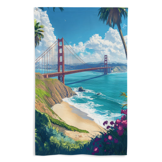 Drapeau mural GTA montrant le majestueux Golden Gate Bridge de San Francisco sous un ciel bleu, avec la côte et l'océan en arrière-plan.