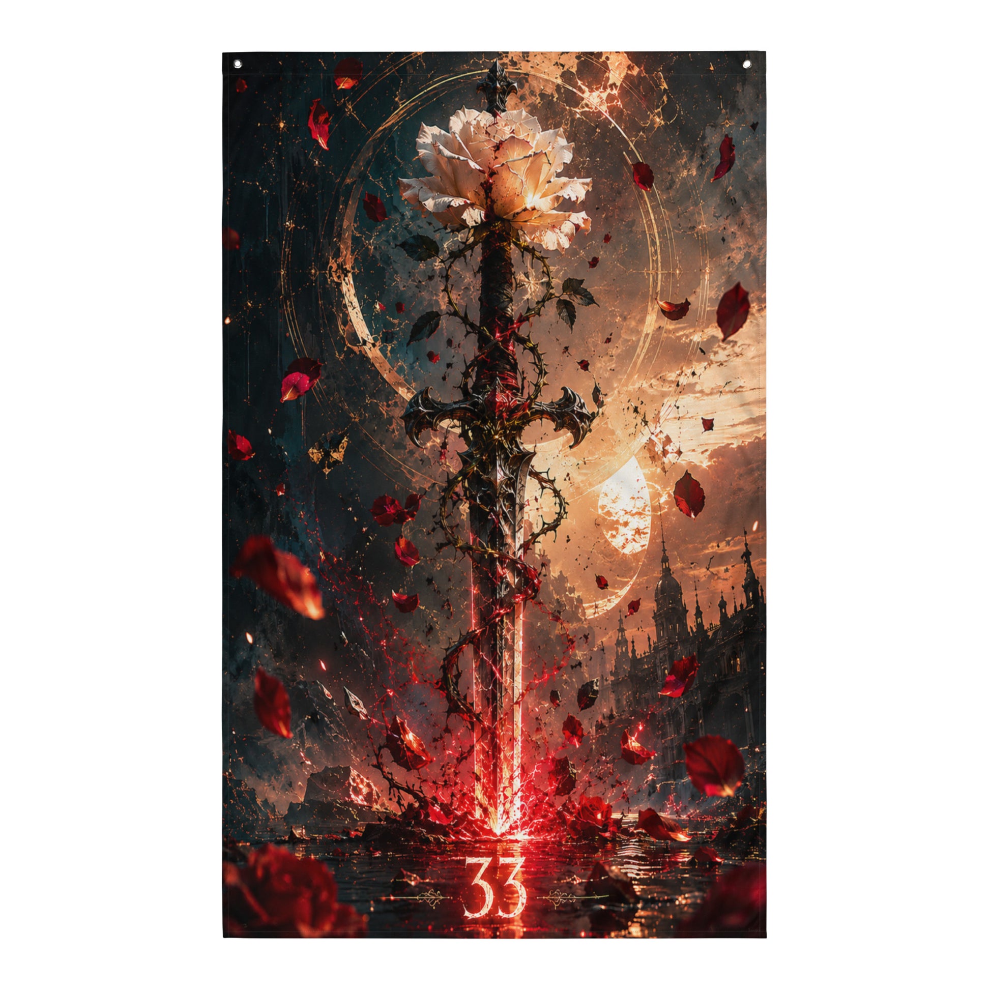 Drapeau mural gaming avec une lame lumineuse entourée de ronces, le chiffre 33 au premier plan et une horloge dorée en arrière-plan.