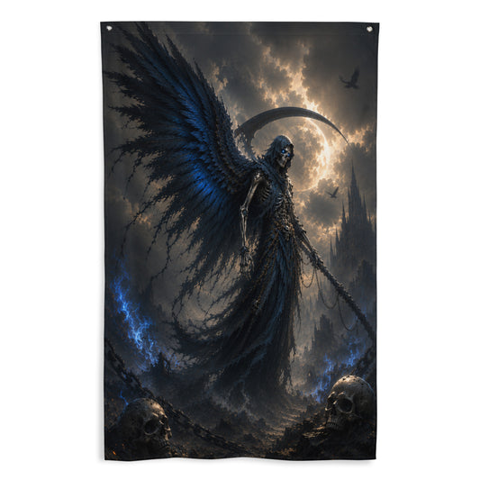 Drapeau mural gaming inspiré de Diablo avec faucheuse ailée, faux obscure, flammes bleues, crânes et décor gothique apocalyptique