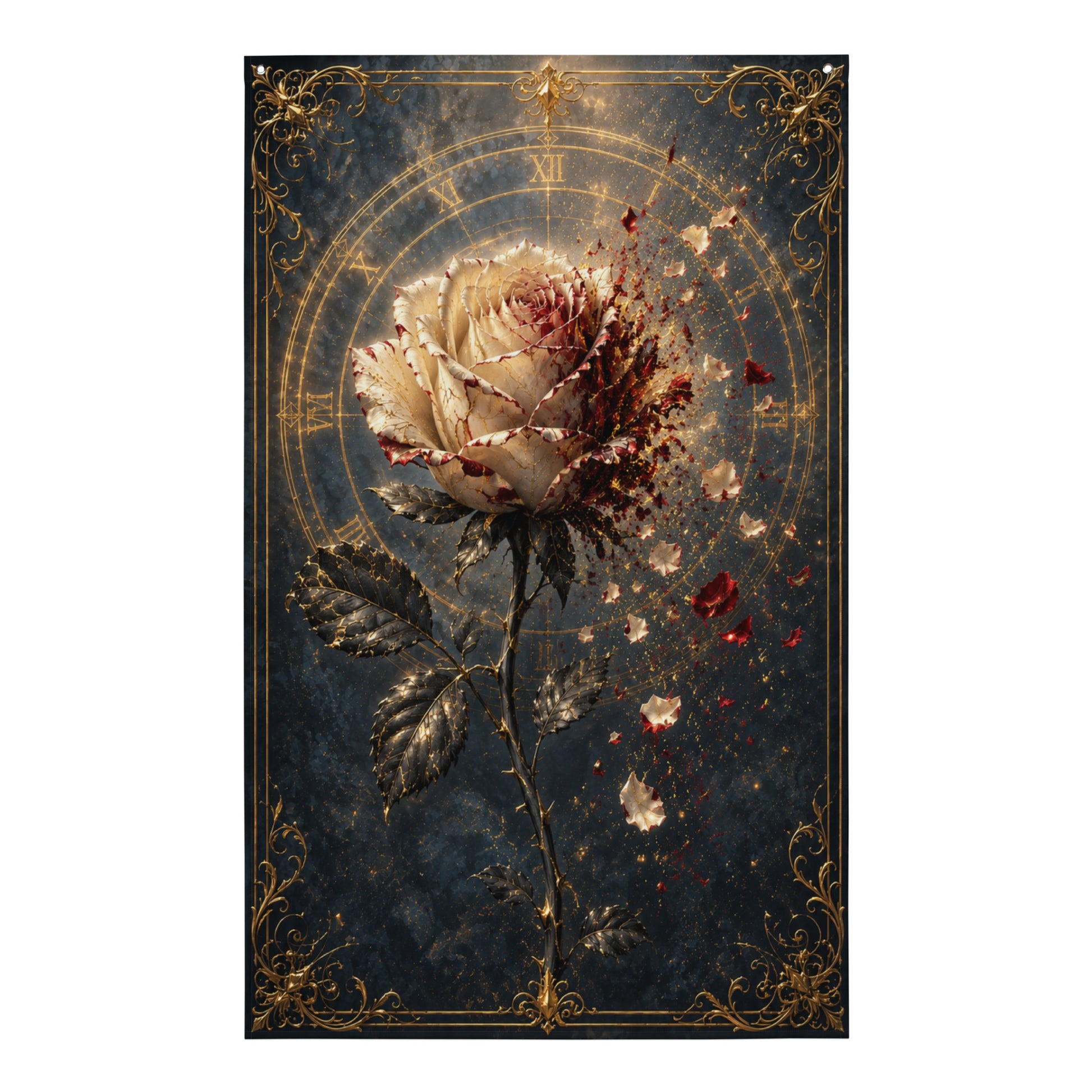 Drapeau mural gaming avec une rose éphémère en pleine disparition, entourée d’éclats rouges, de poussière dorée et d’ornements anciens.