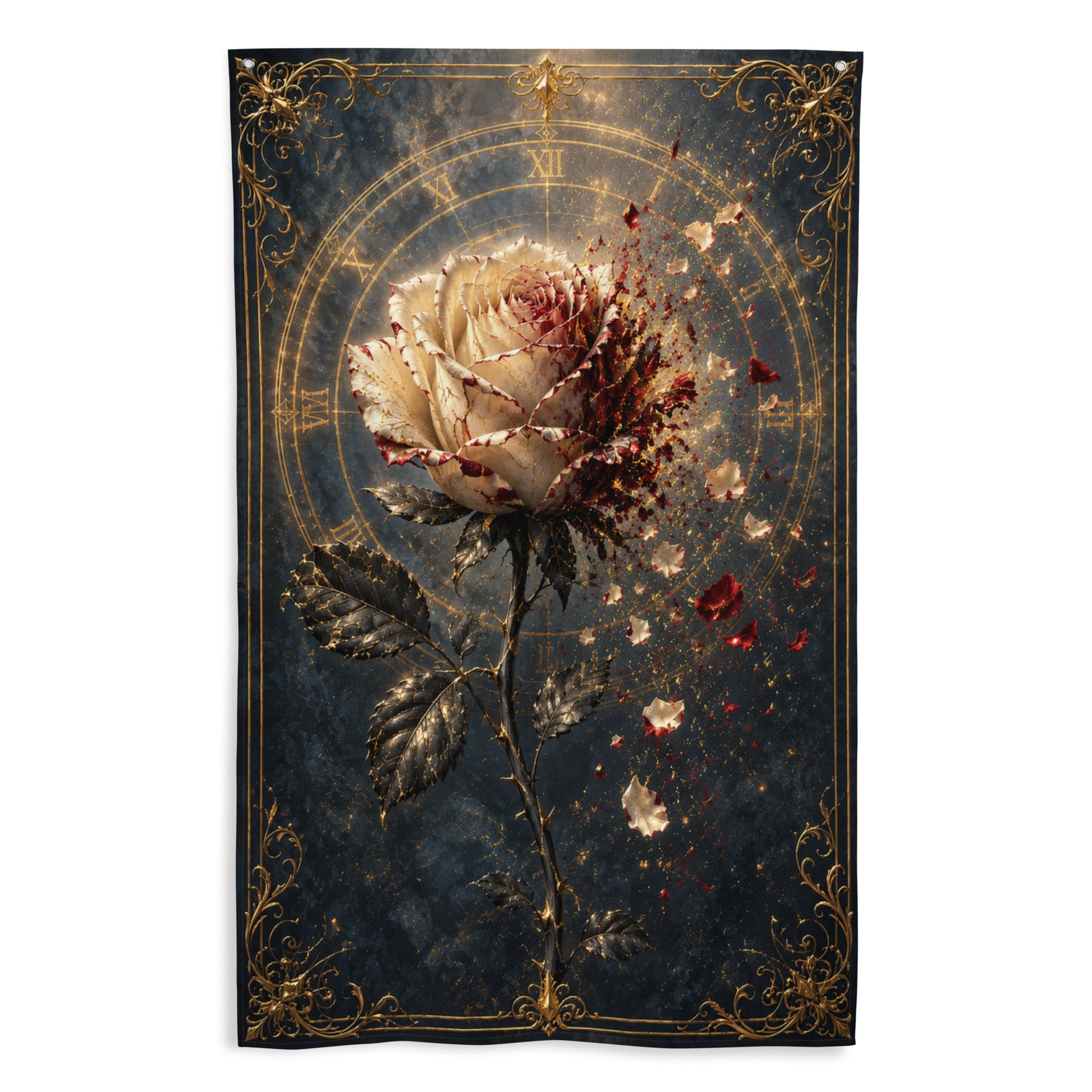 Drapeau mural Clair Obscur Expedition 33 avec une rose blanche fragmentée, des pétales rouges et une horloge dorée en arrière-plan.