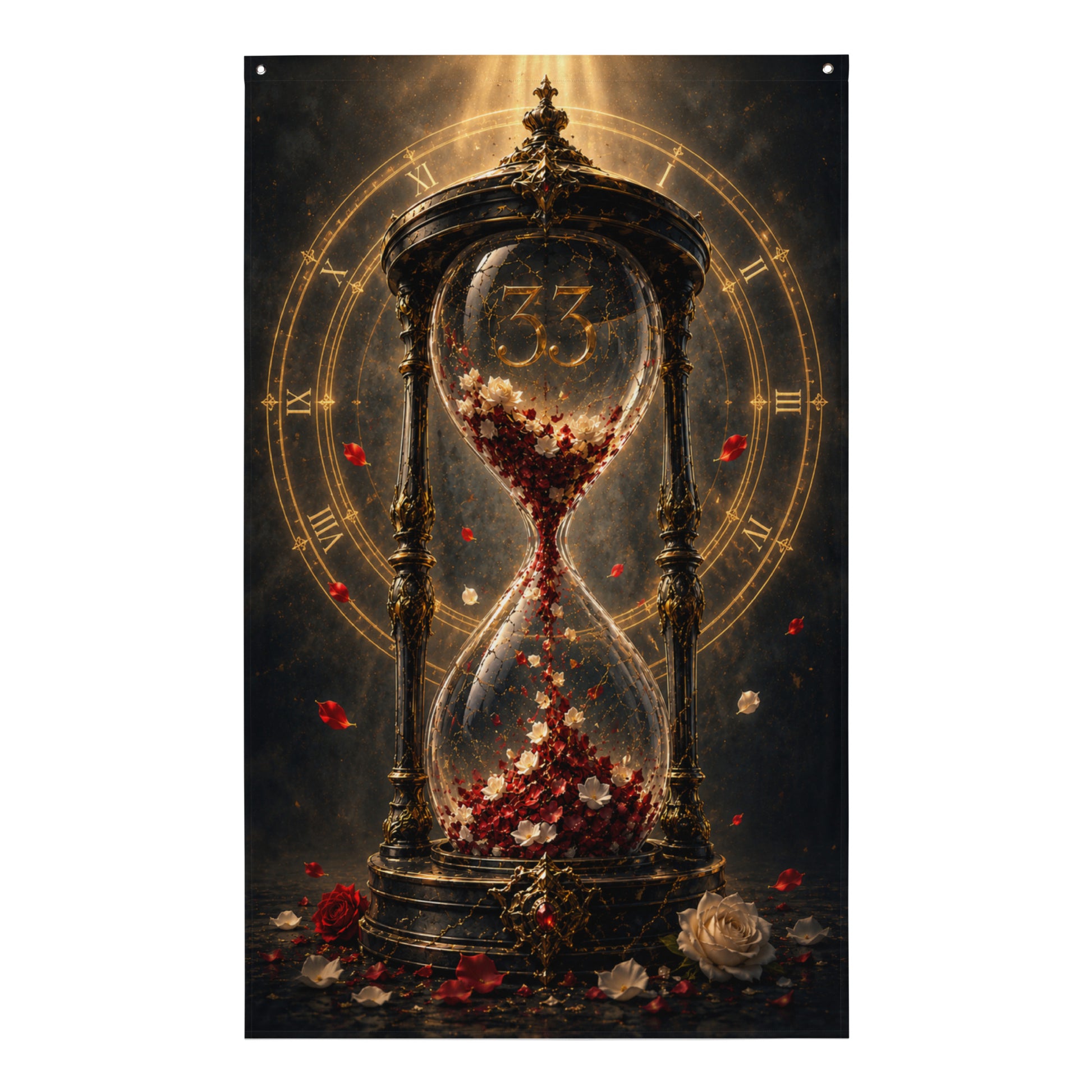 Drapeau mural gaming avec un sablier baroque, le chiffre 33 au centre, une horloge dorée et des pétales de roses en suspension.