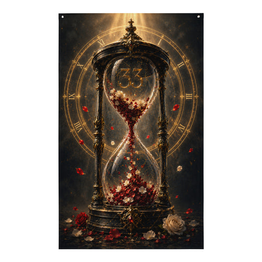 Drapeau mural gaming avec un sablier baroque, le chiffre 33 au centre, une horloge dorée et des pétales de roses en suspension.