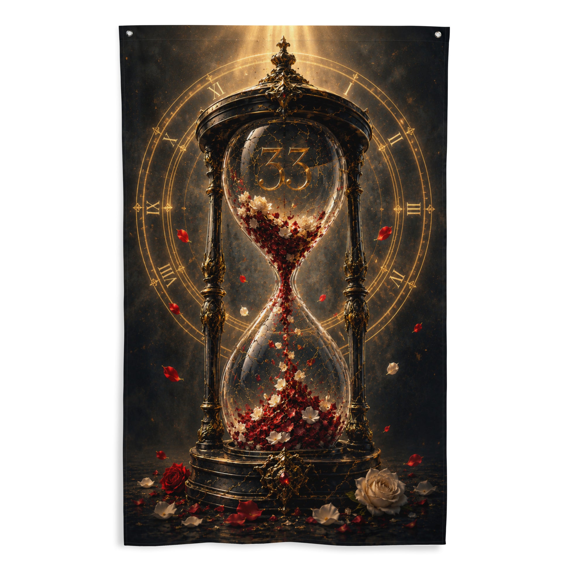 Drapeau mural Clair Obscur Expedition 33 avec un sablier rempli de pétales de roses rouges et blanches sous une lumière dorée.