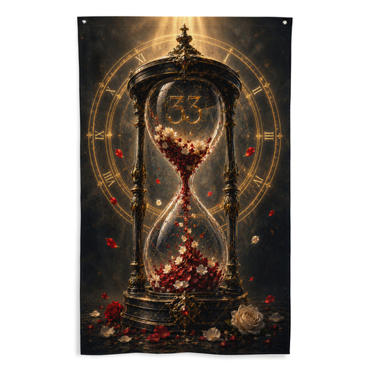 Drapeau mural Clair Obscur Expedition 33 avec un sablier rempli de pétales de roses rouges et blanches sous une lumière dorée.